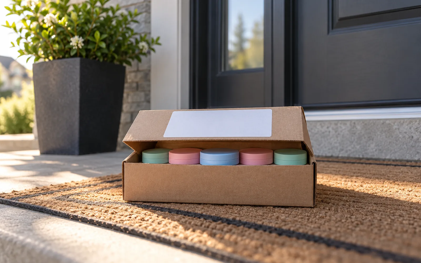 Plain unbranded shipping box of nicotine pouch tins delivered to a front doorstep