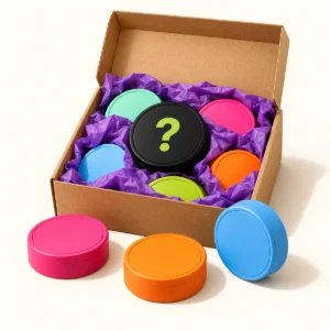 Mystery nicotine pouch bundle box with colourful tins and a black question-mark tin in violet tissue paper