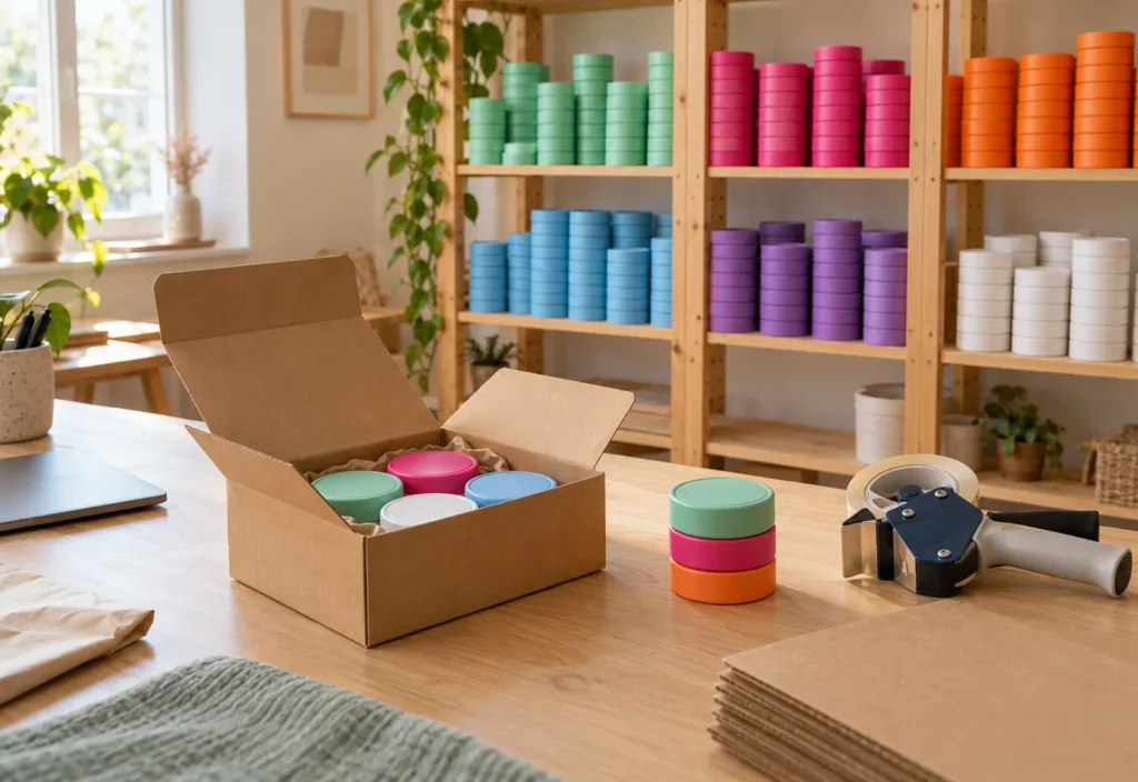 Colourful nicotine pouch tins stacked on shelves beside a packing table with an open shipping box